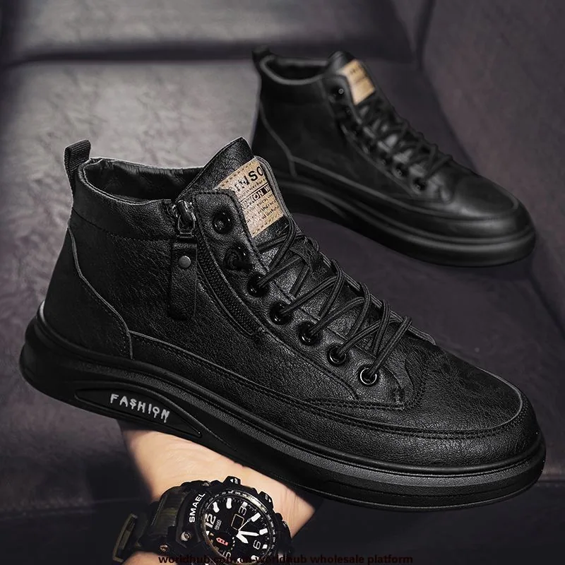 Spring men's shoes new breathable non-slip high-top chef shoes men's trend versatile black leather shoes casual shoes board shoe