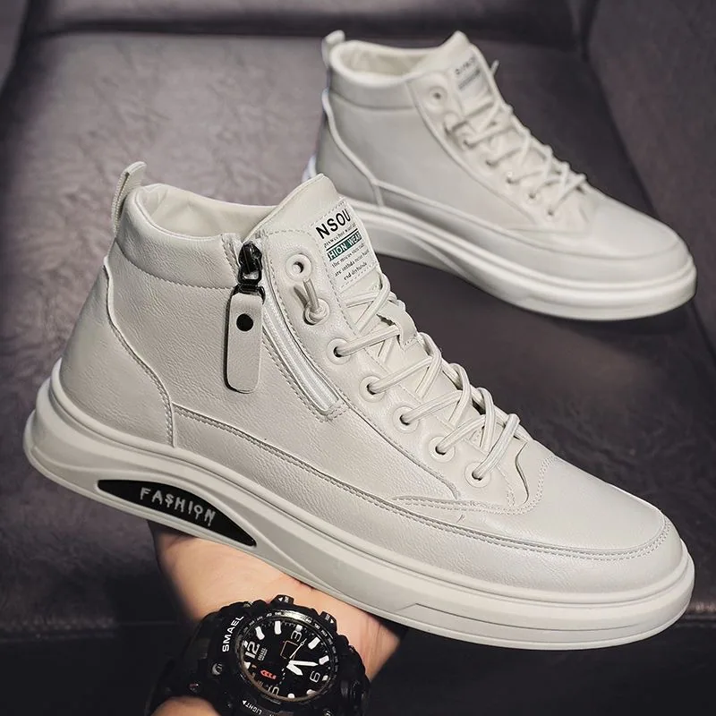 Spring men's shoes new breathable non-slip high-top chef shoes men's trend versatile black leather shoes casual shoes board shoe 2