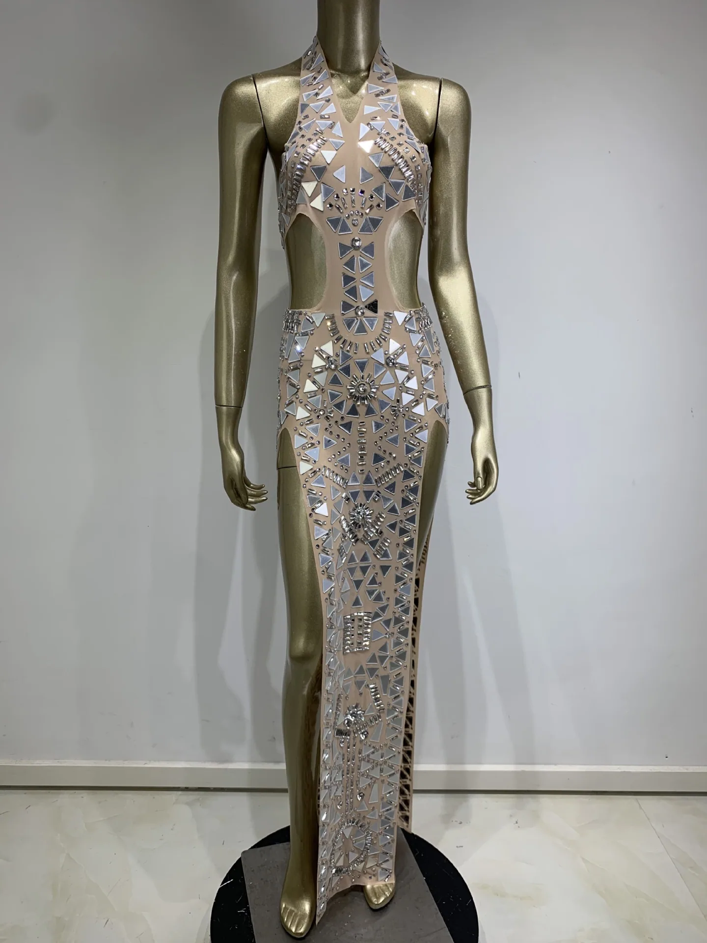 European and American style mesh sequins sexy halterneck backless slit dress skirt party evening dress gogo performance dress