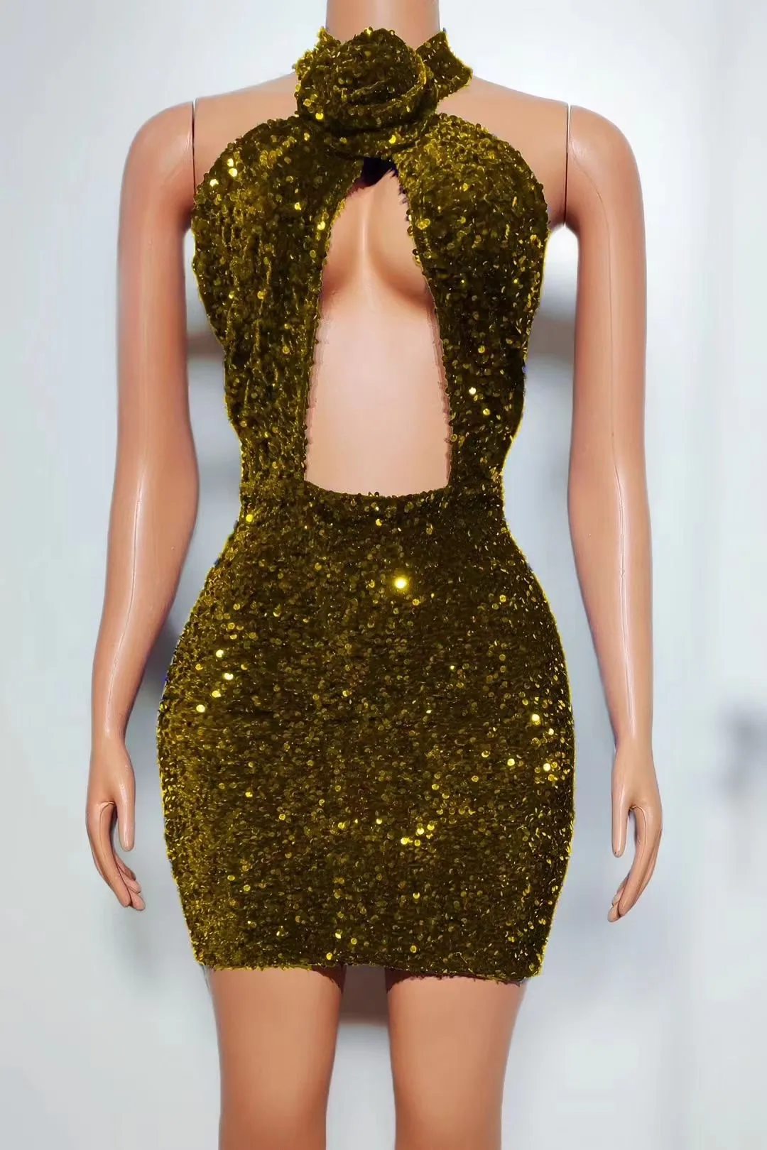 Cross-border exclusive sexy halterneck cut-out dresses backless fine glitter glitter gigs evening dresses costume 2