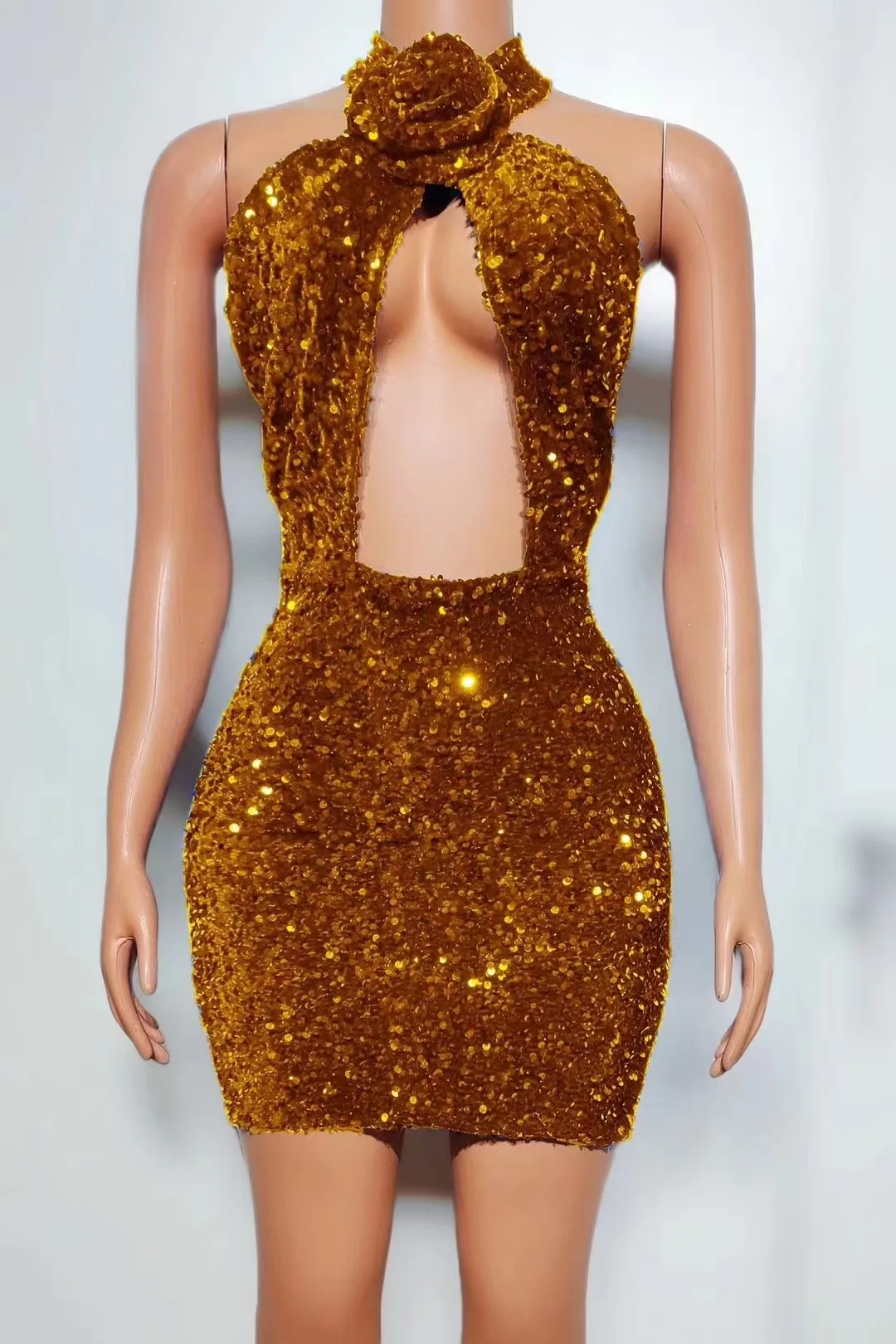 Cross-border exclusive sexy halterneck cut-out dresses backless fine glitter glitter gigs evening dresses costume 5