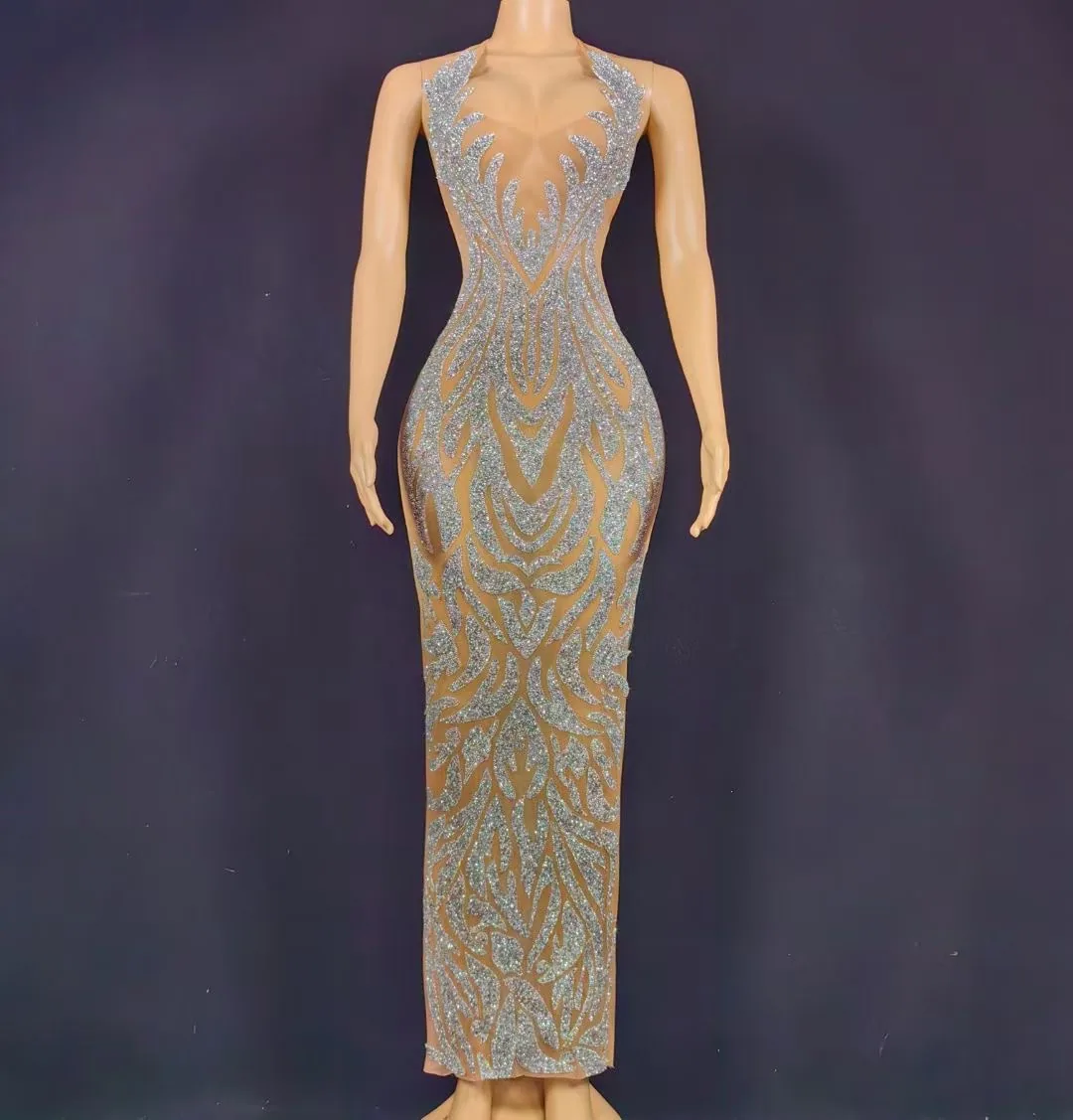 Cross-border e-commerce sexy mesh transparent halterneck rhinestone dress heavy industry party dress gogo performance costume