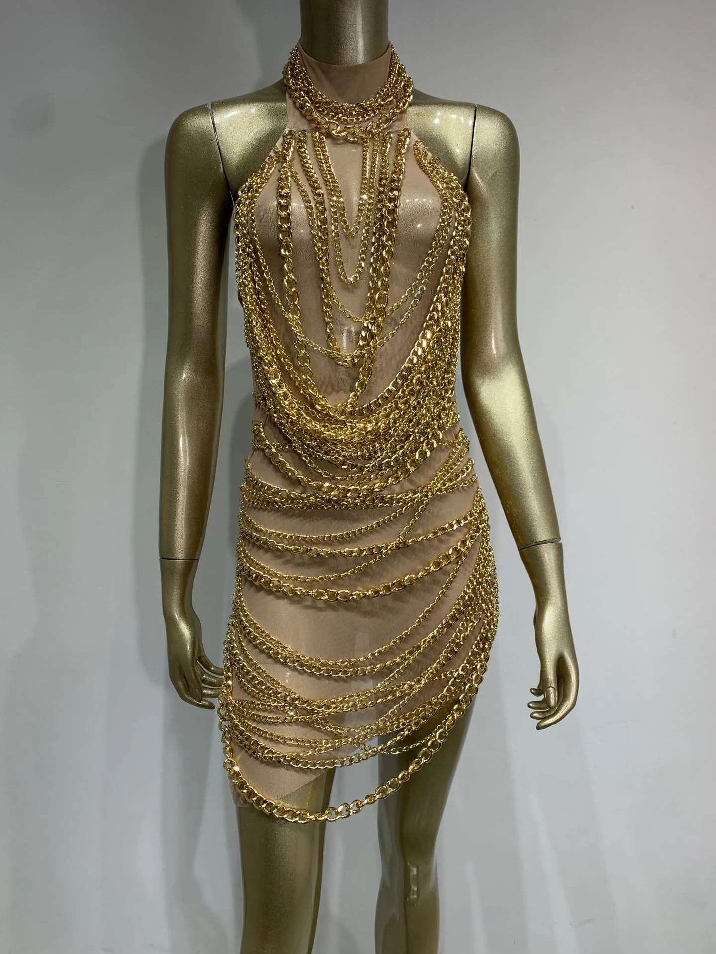Cross-border hot sale sexy halterneck dress mesh see-through backless chain European and American fashion evening dress costume