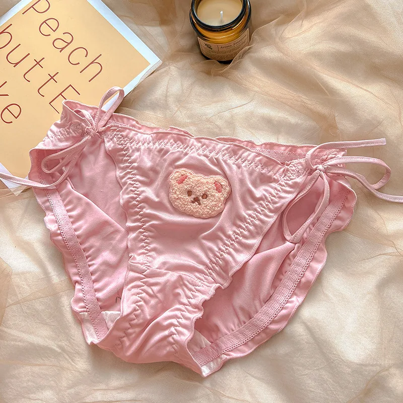 Lace-up panties women's wholesale solid color bear embroidery milk silk breathable buttocks lift cute sweet girl briefs 2