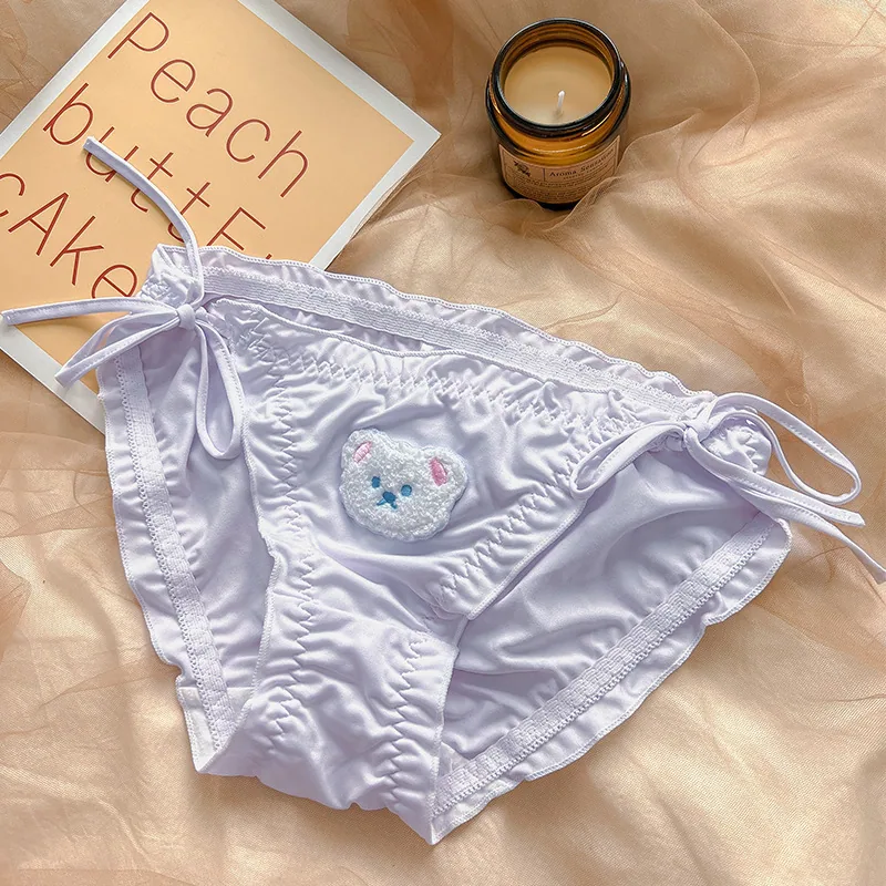 Lace-up panties women's wholesale solid color bear embroidery milk silk breathable buttocks lift cute sweet girl briefs 3