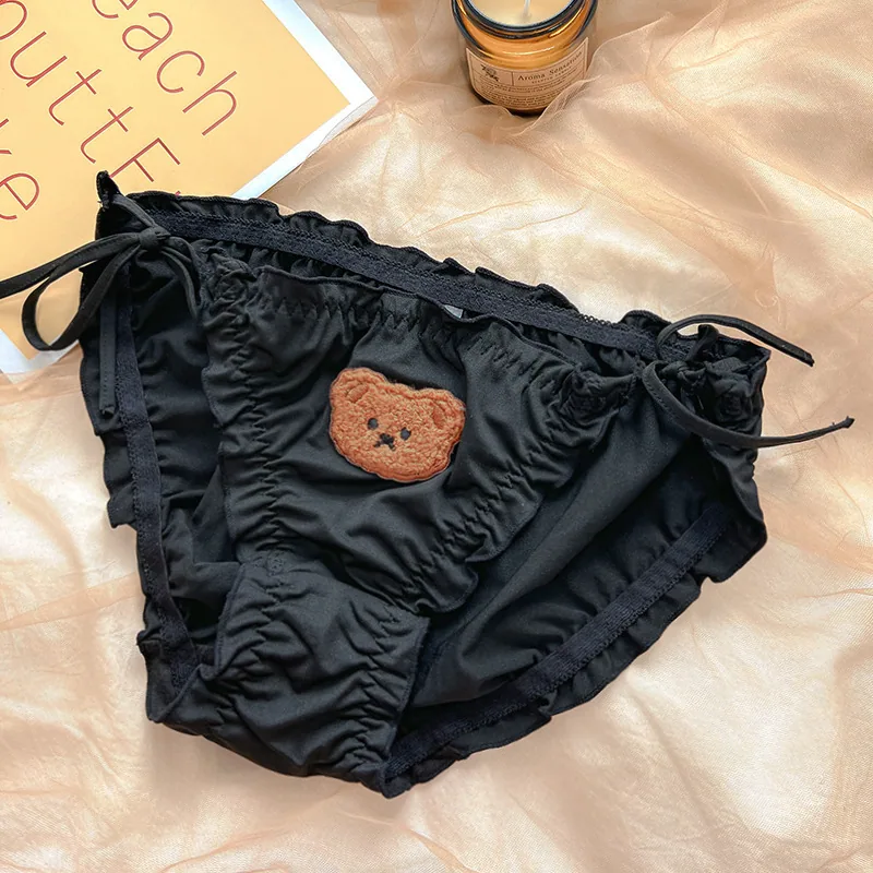 Lace-up panties women's wholesale solid color bear embroidery milk silk breathable buttocks lift cute sweet girl briefs