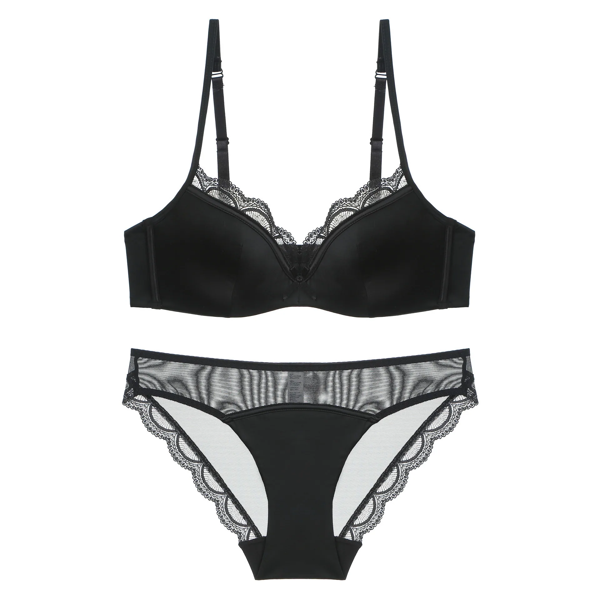 New French high-end satin underwear women's big breasts show small thin top support anti-sag soft underwire bra set 3