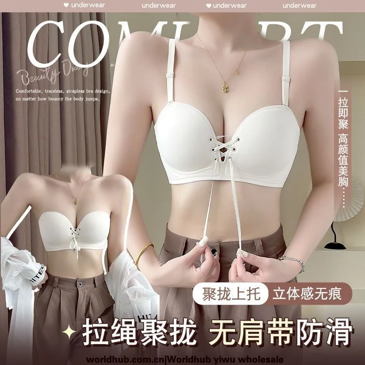 Drawstring gathering strap underwear non-slip bandeau soft support glossy seamless small breasts detachable strapless bra women
