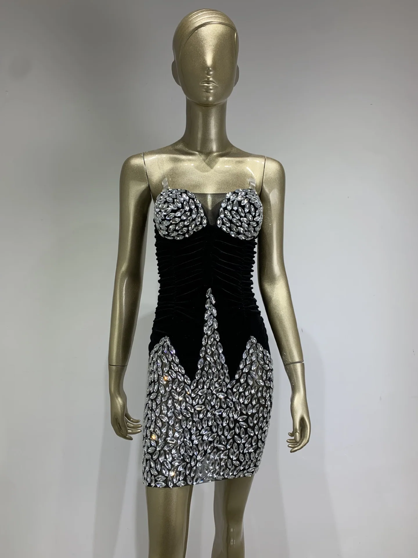 Cross-border hit bar female singer gogo performance dress bandeau hip skirt shiny rhinestone evening dress costume