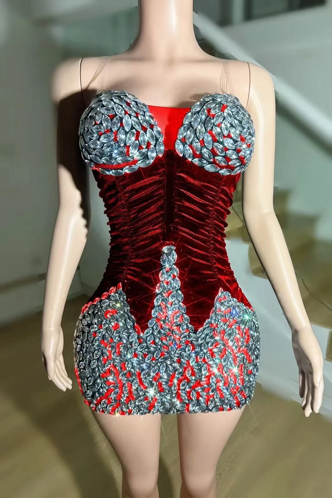 Cross-border hit bar female singer gogo performance dress bandeau hip skirt shiny rhinestone evening dress costume 3