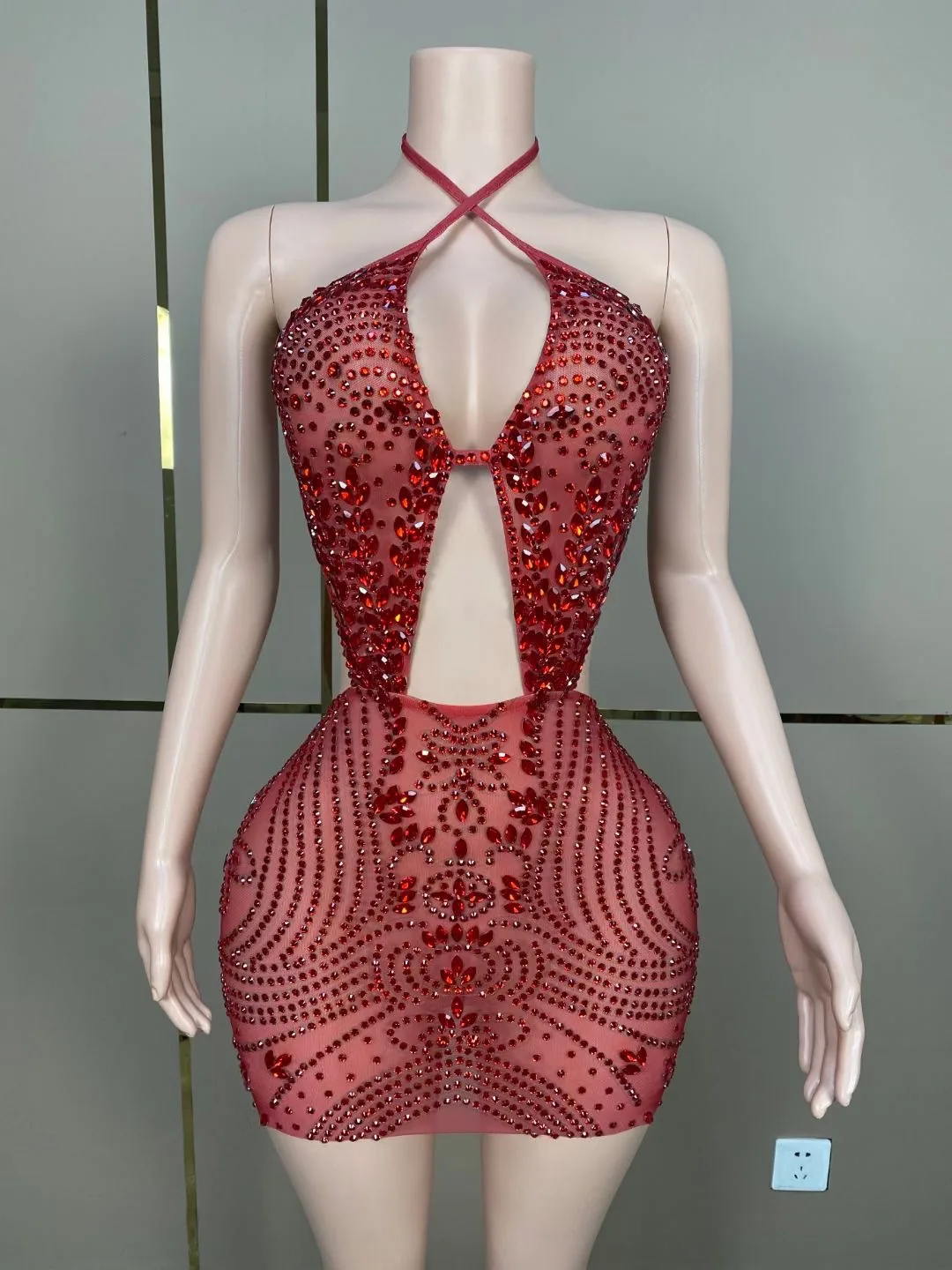 Cross-border hot sale shiny diamond halterneck backless sexy hip wrap mini dress dress party DJ female singer performance cos
