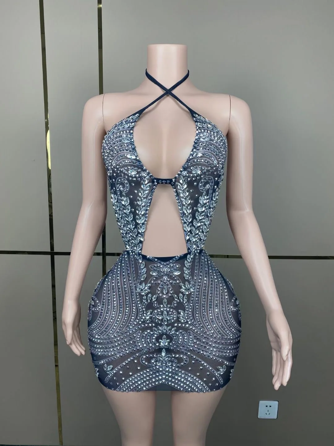 Cross-border hot sale shiny diamond halterneck backless sexy hip wrap mini dress dress party DJ female singer performance costum 3
