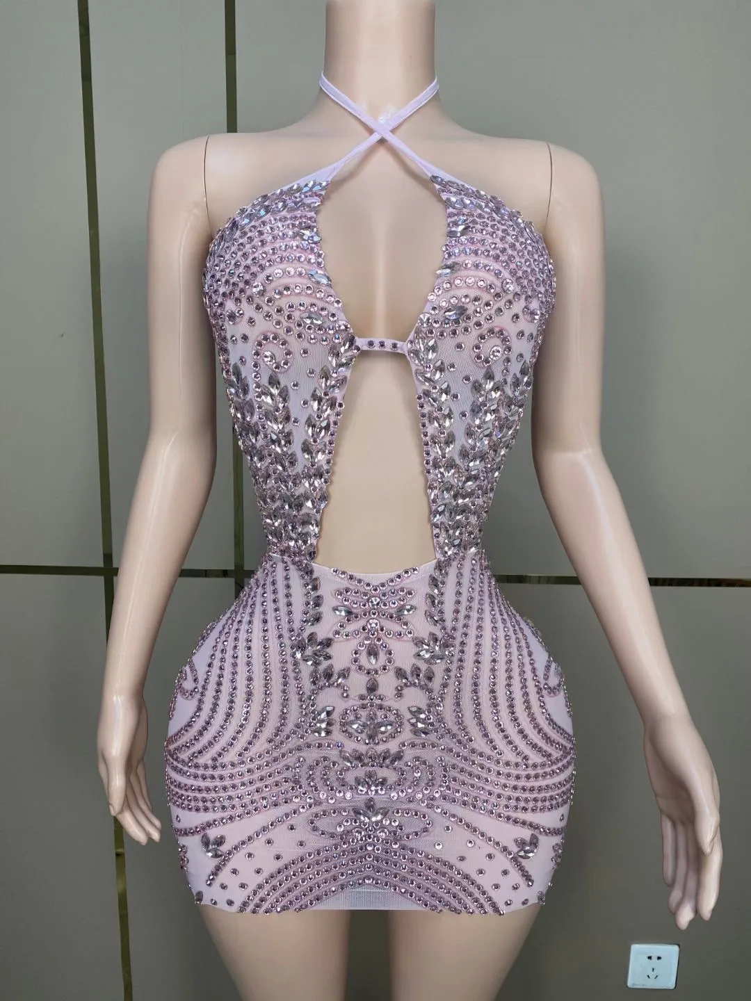 Cross-border hot sale shiny diamond halterneck backless sexy hip wrap mini dress dress party DJ female singer performance costum 2