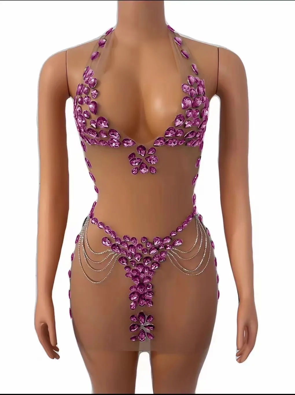 European and American Internet celebrities sexy halterneck tulle see-through rhinestone dresses cross-border popular nightclub p 6