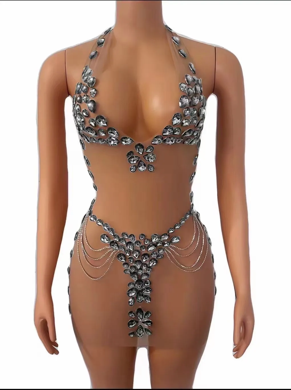 European and American Internet celebrities sexy halterneck tulle see-through rhinestone dresses cross-border popular nightclub p 2