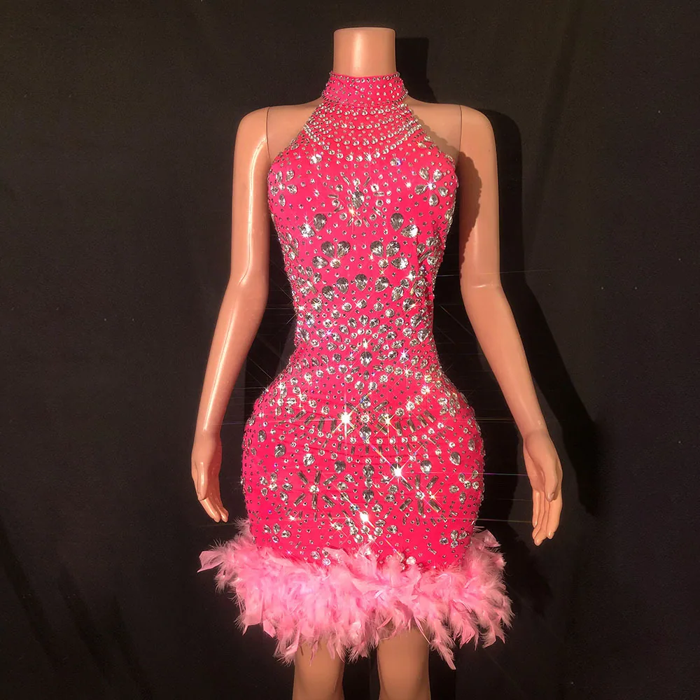 Cross border rhinestone feather mini hip skirt sexy backless birthday party evening dress gogo gig plus size