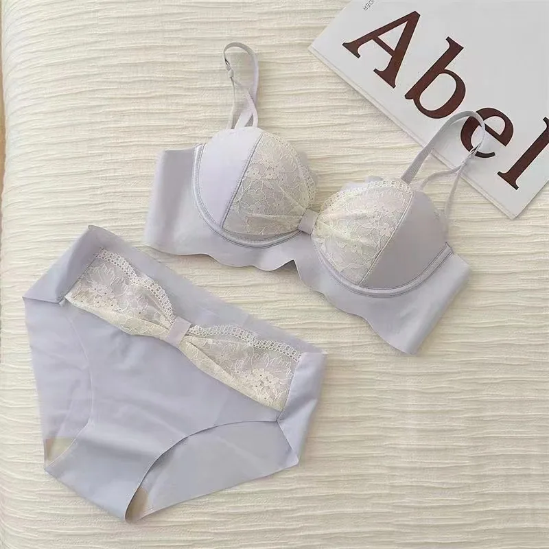 New Sweet Lace Sexy Non-Wire Bra Small Breasts Gather Large Side Fold Adjustable Girls' Underwear Set 6