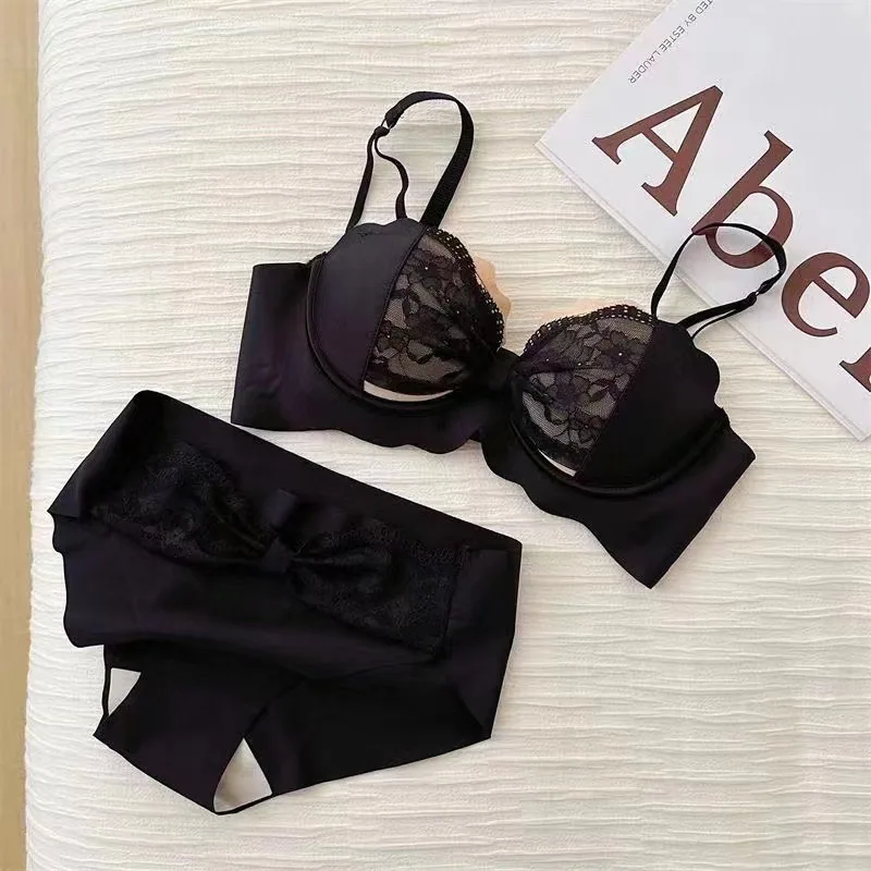 New Sweet Lace Sexy Non-Wire Bra Small Breasts Gather Large Side Fold Adjustable Girls' Underwear Set 8