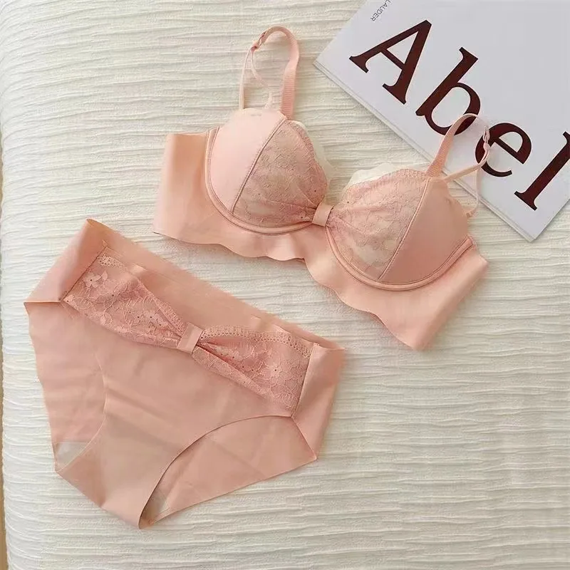 New Sweet Lace Sexy Non-Wire Bra Small Breasts Gather Large Side Fold Adjustable Girls' Underwear Set 7