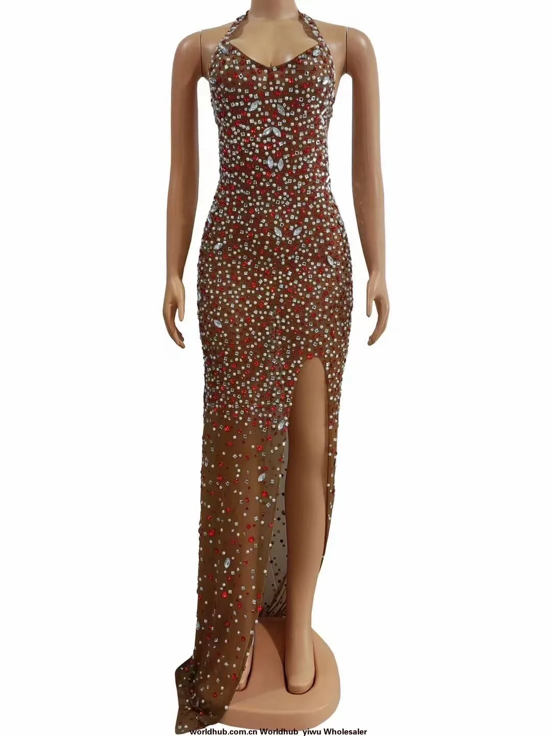 Cross-border hot luxury crystal diamond mesh dresses, halterneck backless gorgeous evening dresses, celebrity performance dresse