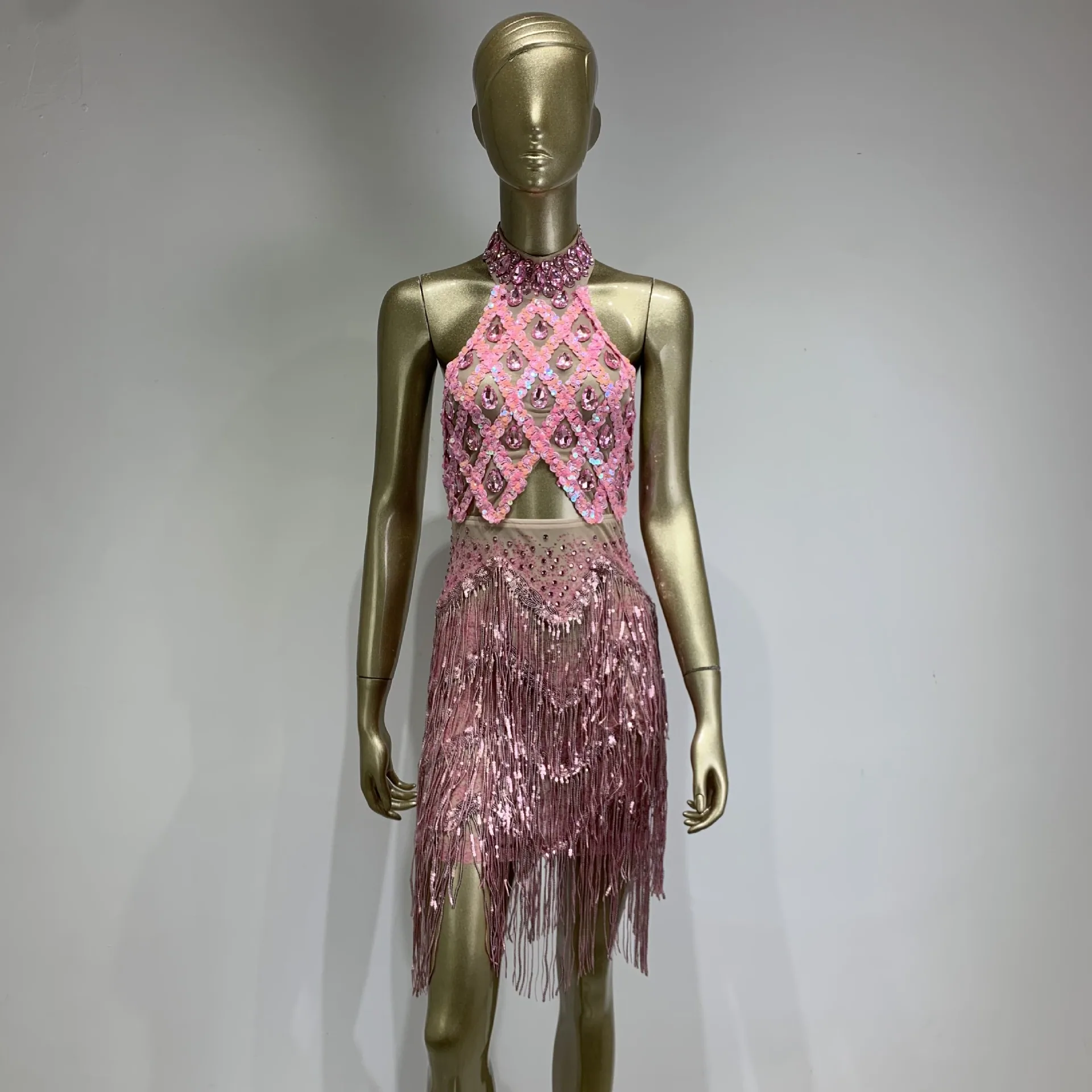 New sexy halterneck backless fringed mini skirt sparkling rhinestone, birthday party, bar, nightclub, stage performance dress