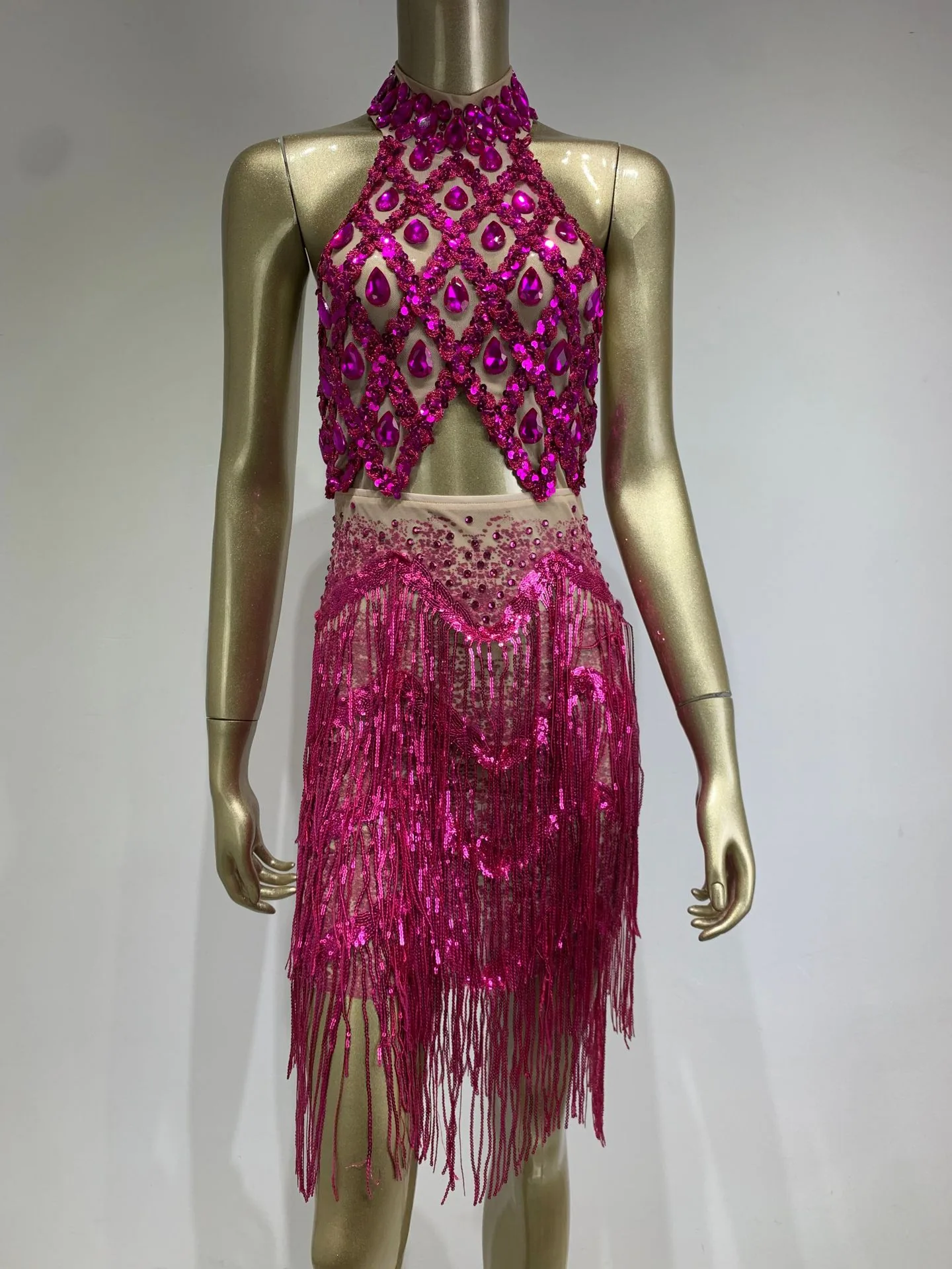 New sexy halterneck backless fringed mini skirt sparkling rhinestone, birthday party, bar, nightclub, stage performance dress 2