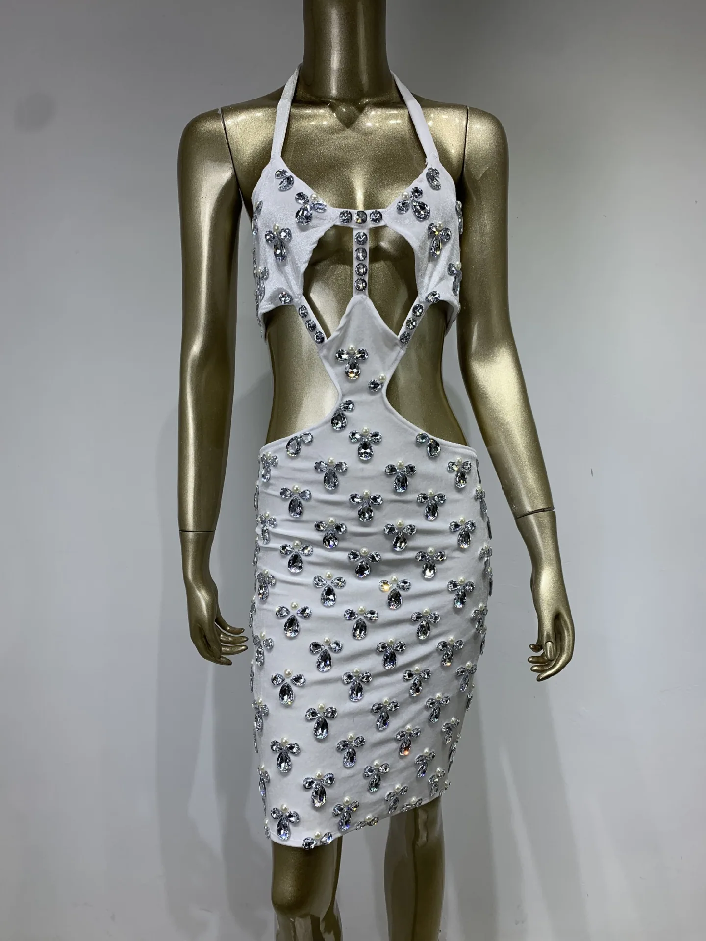 STOCK, Sexy Halterneck Backless Mini Skirt, Shiny Rhinestones, Birthday Party, Bar, Nightclub, Gig Wear, Plus Size