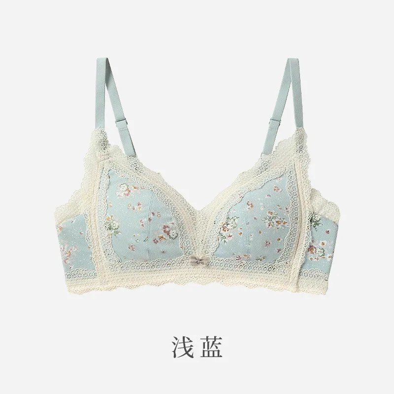 French pastoral style comfortable and light thin underwear without wires Sweet lace edge gathered on top support to prevent sagg 3