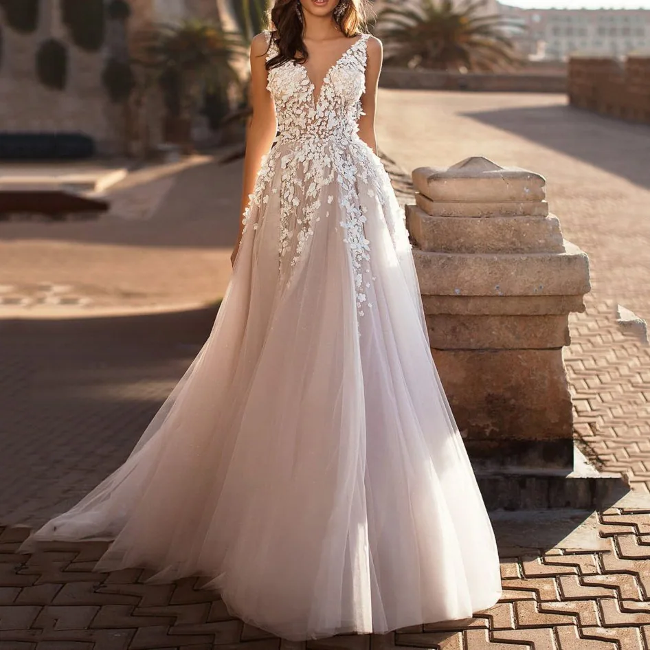 2024 cross-border summer new European and American style wedding dress women's deep V-neck sexy waist slimming wedding dress