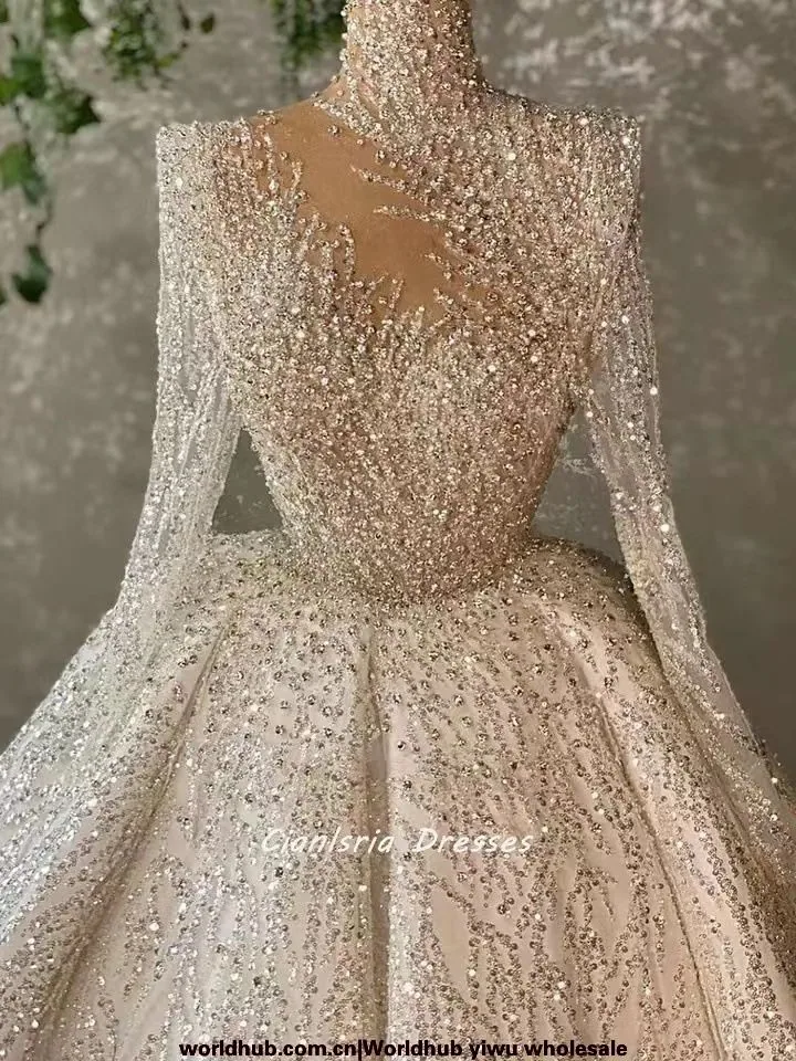 New wedding dress heavy industry embroidered beaded lace elegant long sleeve puffy princess dress trailing wedding dress 6199
