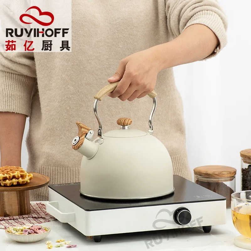 Bouilloire à sifflet transfrontalière Amazon blanc cassé, pot à sifflet à fond plat de 2,5 l, vente en gros, pot à sifflet européen en acier inoxydable 5