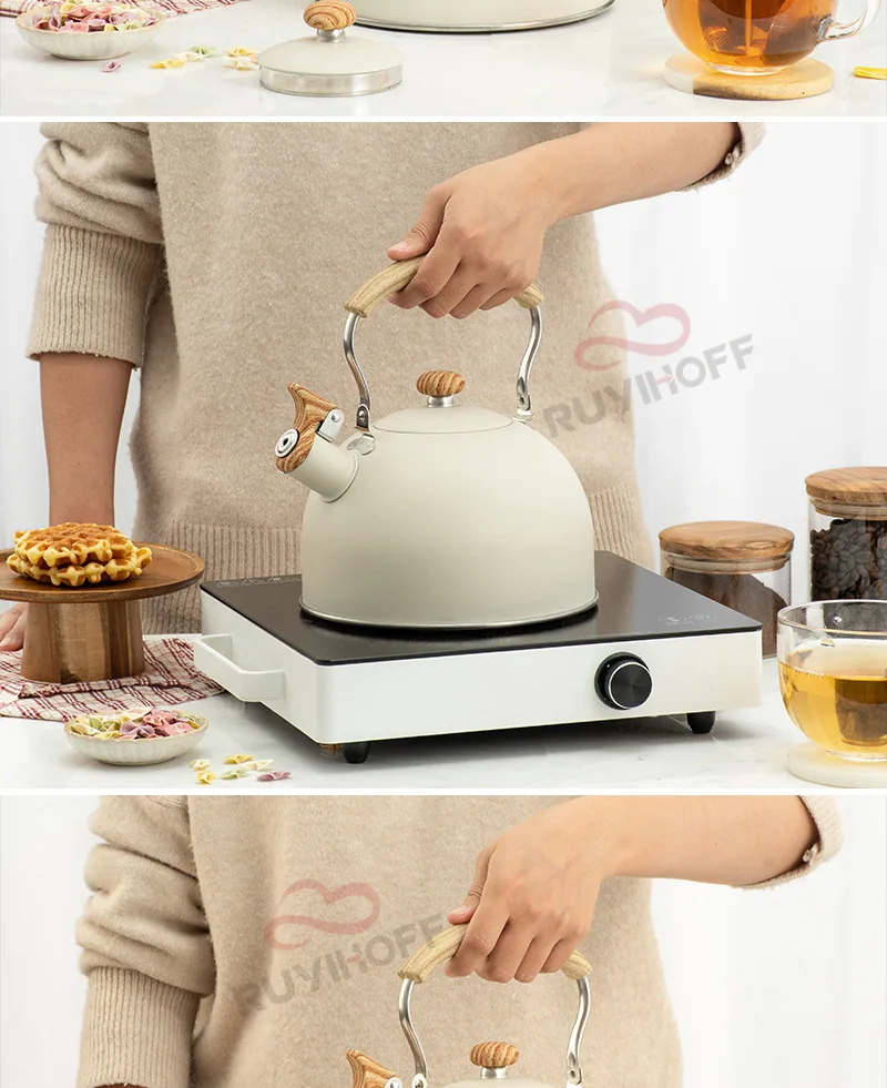 Bouilloire à sifflet transfrontalière Amazon blanc cassé, pot à sifflet à fond plat de 2,5 l, vente en gros, pot à sifflet européen en acier inoxydable 16