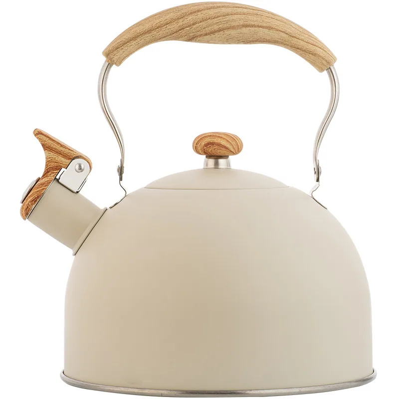 Bouilloire à sifflet transfrontalière Amazon blanc cassé, pot à sifflet à fond plat de 2,5 l, vente en gros, pot à sifflet européen en acier inoxydable 3