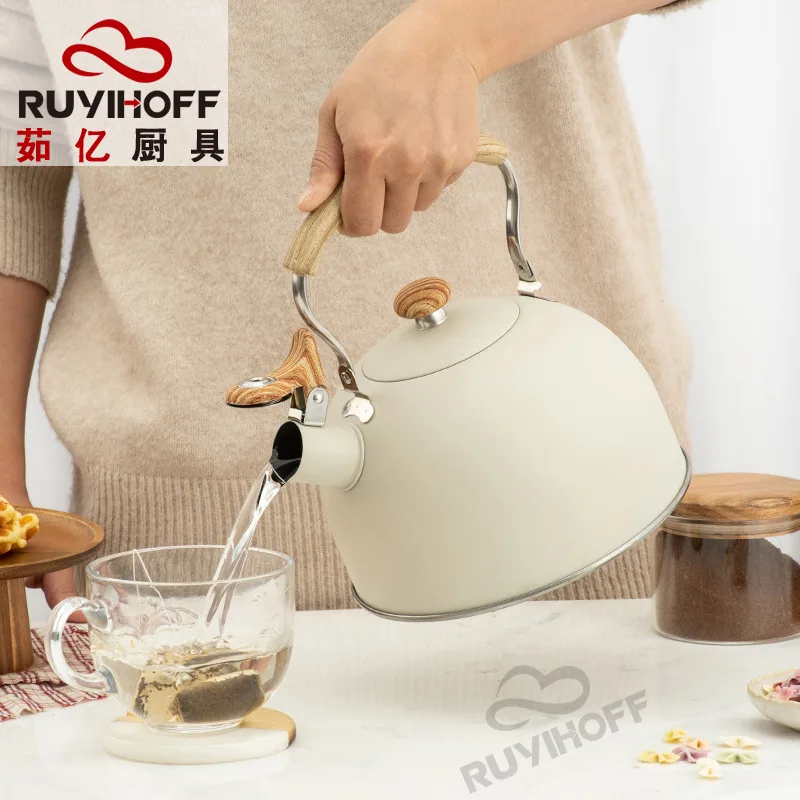 Bouilloire à sifflet transfrontalière Amazon blanc cassé, pot à sifflet à fond plat de 2,5 l, vente en gros, pot à sifflet européen en acier inoxydable 4