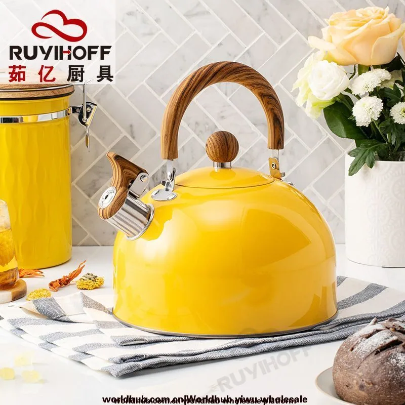 European and American kitchenware flat bottom sound kettle 2.5L amazon yellow spray paint whistle kettle to make tea and coffee