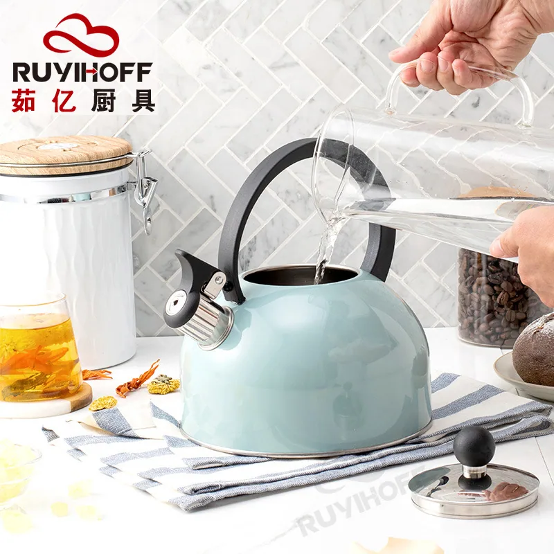 Utensilios de cocina europeos y americanos, tetera con sonido de fondo plano 2.5L, tetera con silbato de pintura en aerosol azul cielo de Amazon para té y café 5