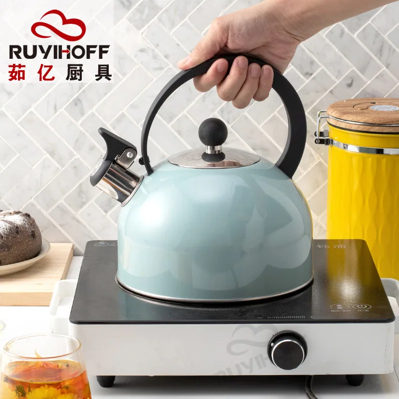 Utensilios de cocina europeos y americanos, tetera con sonido de fondo plano 2.5L, tetera con silbato de pintura en aerosol azul cielo de Amazon para té y café 3