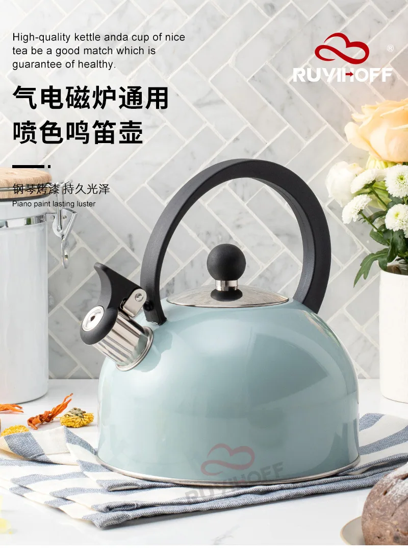 Utensilios de cocina europeos y americanos, tetera con sonido de fondo plano 2.5L, tetera con silbato de pintura en aerosol azul cielo de Amazon para té y café 9