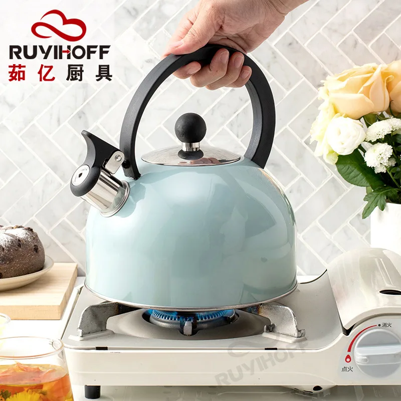 Utensilios de cocina europeos y americanos, tetera con sonido de fondo plano 2.5L, tetera con silbato de pintura en aerosol azul cielo de Amazon para té y café 4