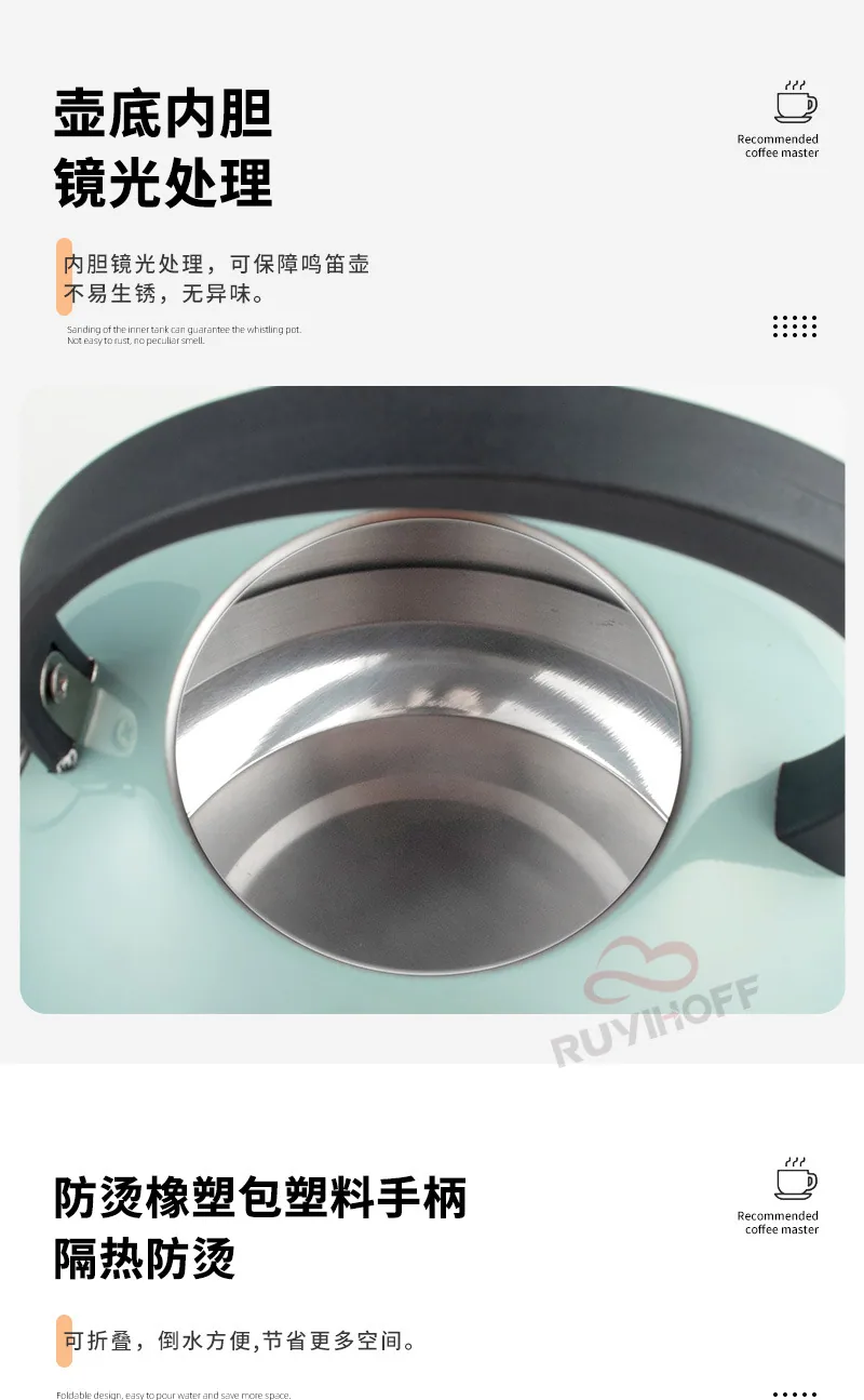 Utensilios de cocina europeos y americanos, tetera con sonido de fondo plano 2.5L, tetera con silbato de pintura en aerosol azul cielo de Amazon para té y café 10