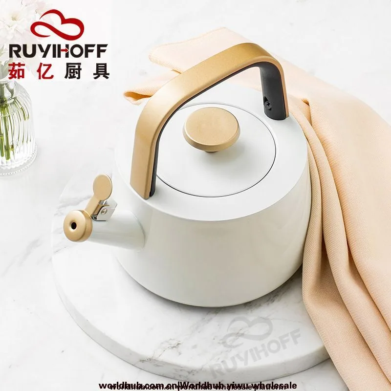 CUSTOM นกหวีดกาต้มน้ำสีขาว 1.8L แบนด้านล่างนกหวีดกาต้มน้ำขายส่งยุโรปและอเมริกาสแตนเลสนกหวีดกาต้มน้ำ Golde