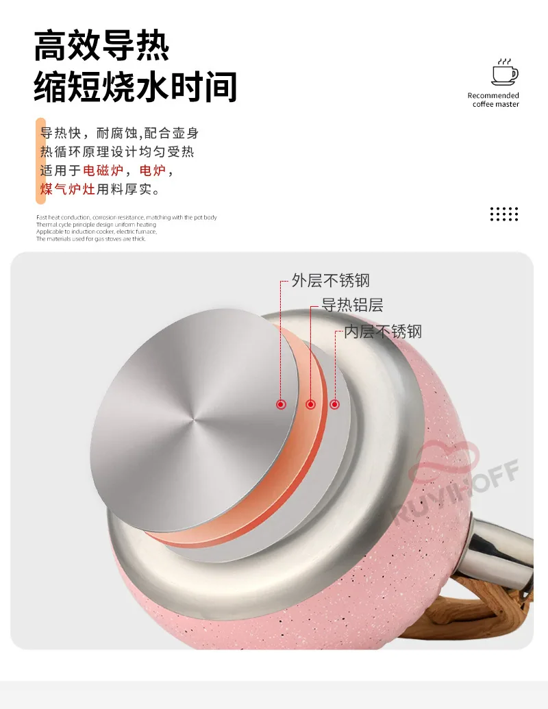 Cross-border Pink Water Drop Pattern Stainless Steel Sound Kettle Brewing Tea Coffee European and American Whistle Pot 3L Kitche 8