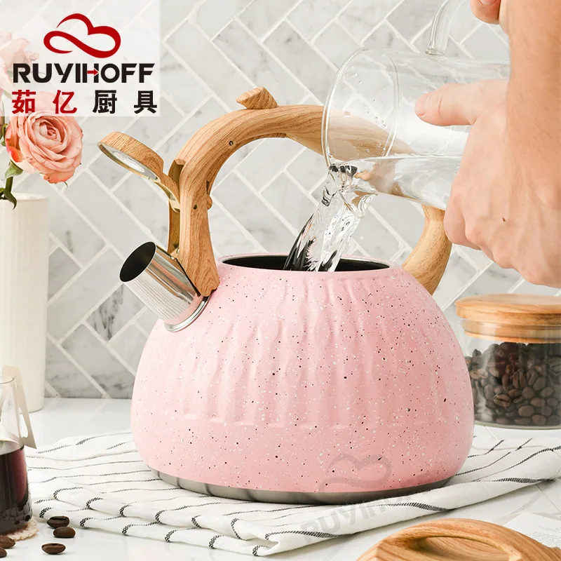 Cross-border Pink Water Drop Pattern Stainless Steel Sound Kettle Brewing Tea Coffee European and American Whistle Pot 3L Kitche 4