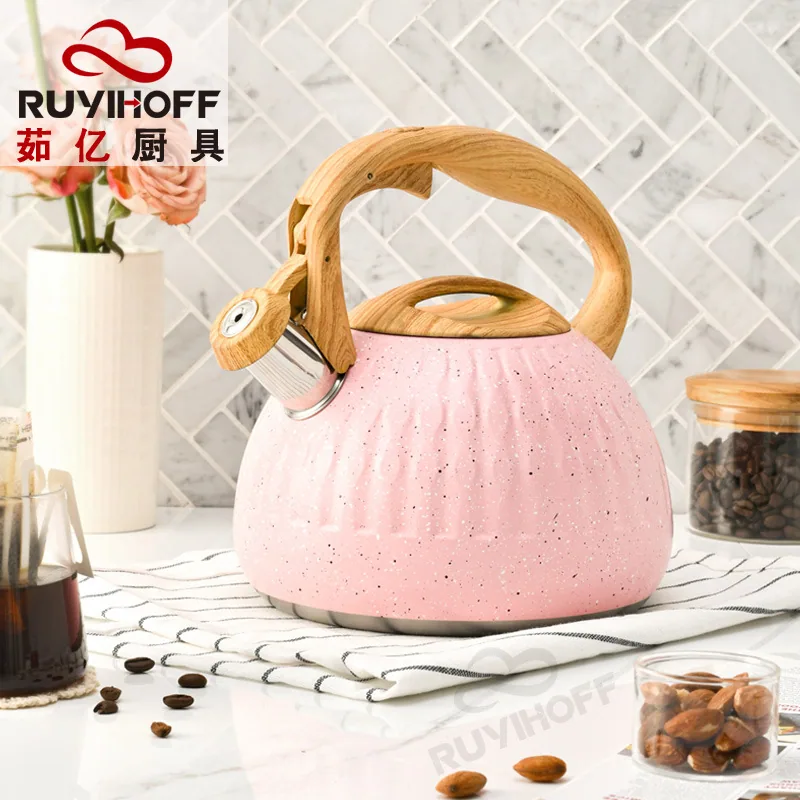 Cross-border Pink Water Drop Pattern Stainless Steel Sound Kettle Brewing Tea Coffee European and American Whistle Pot 3L Kitche 3