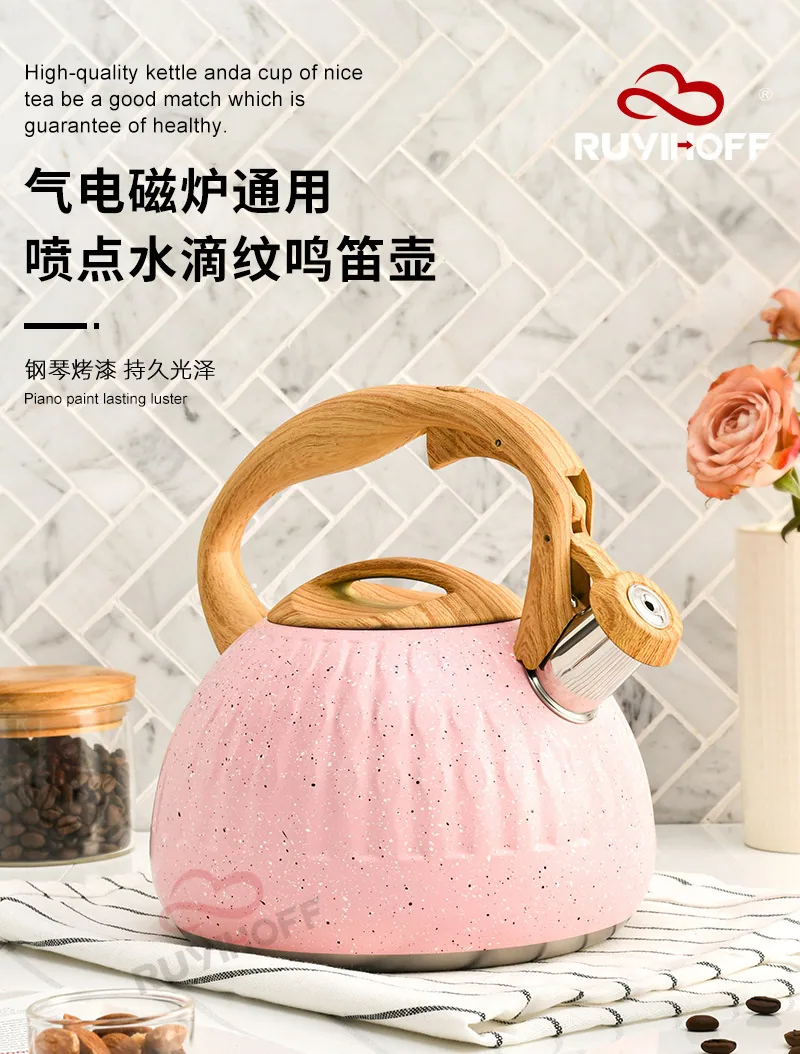 Cross-border Pink Water Drop Pattern Stainless Steel Sound Kettle Brewing Tea Coffee European and American Whistle Pot 3L Kitche 11