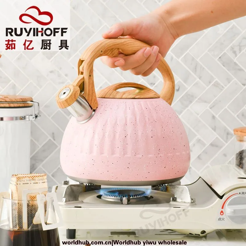 Cross-border Pink Water Drop Pattern Stainless Steel Sound Kettle Brewing Tea Coffee European and American Whistle Pot 3L Kitche
