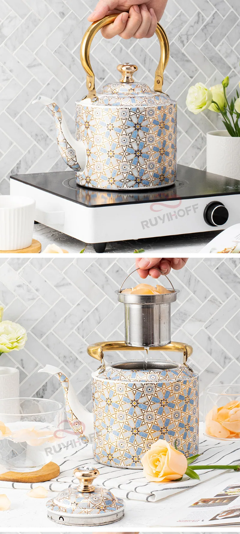 Cross-border Damascus geometric pattern whistle kettle middle east Dubai kitchenware boutique chirping large capacity kettle 2L 15