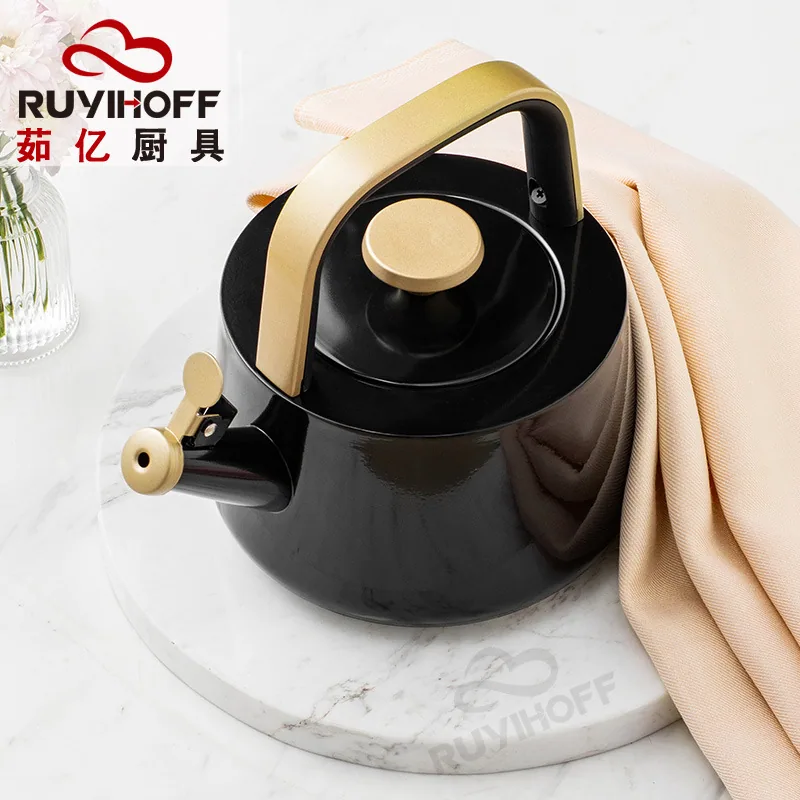 Custom whistle kettle black1. 8L flat bottom whistle pot wholesale European and American stainless steel whistle pot gold handle 4