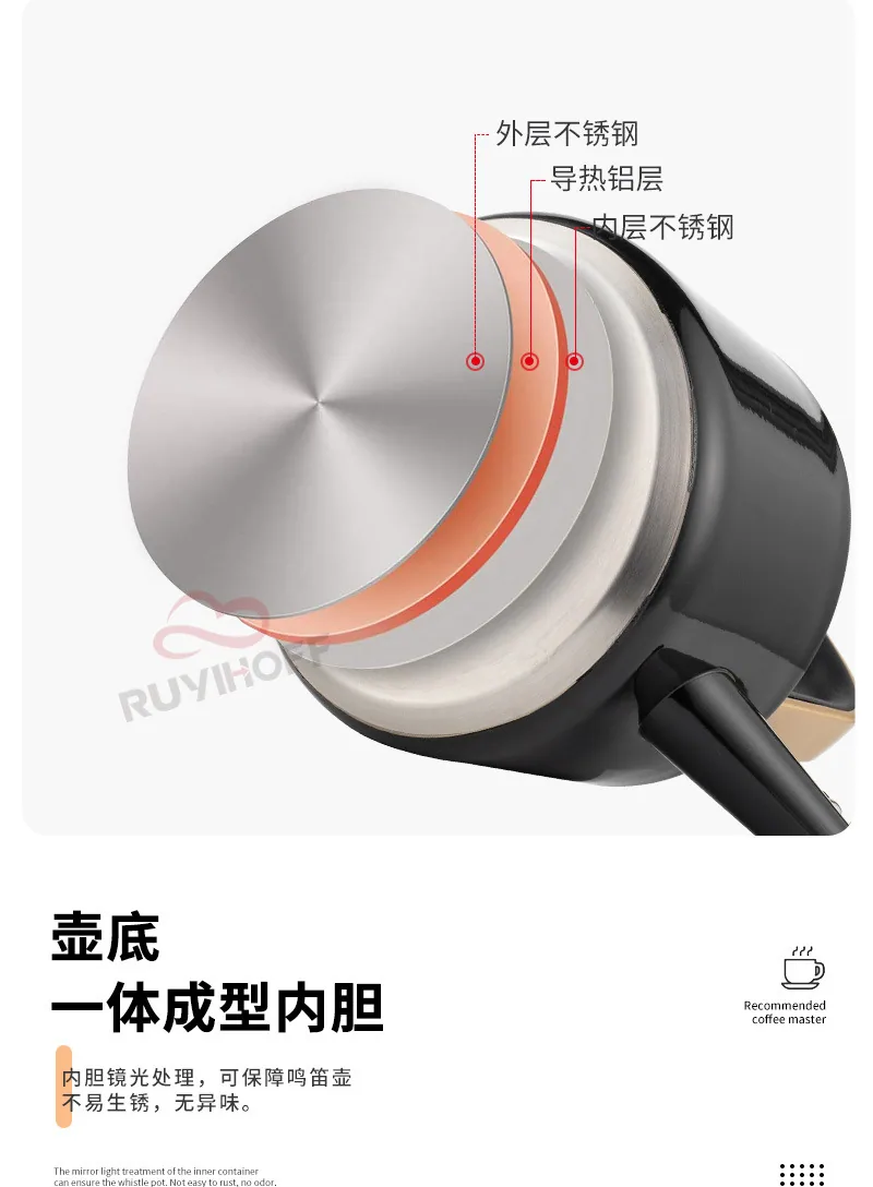 Custom whistle kettle black1. 8L flat bottom whistle pot wholesale European and American stainless steel whistle pot gold handle 9