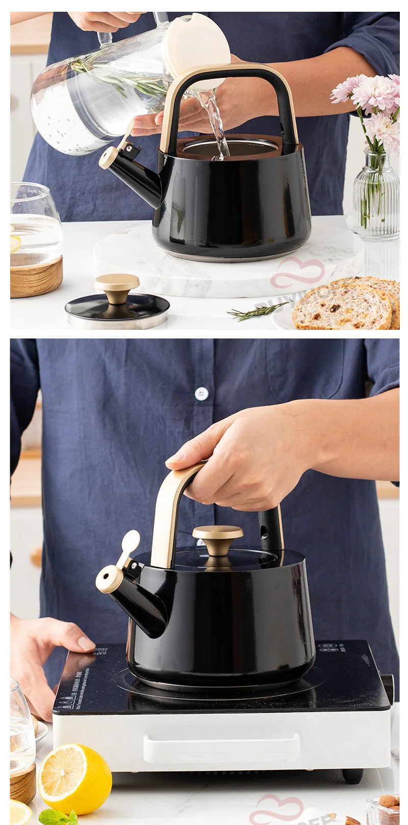 Custom whistle kettle black1. 8L flat bottom whistle pot wholesale European and American stainless steel whistle pot gold handle 15